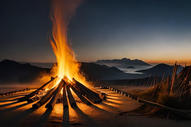 Ein Feuer brennt vor einem Berg, während die Sonne hinter ihm untergeht.
