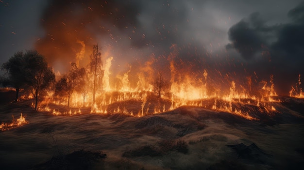 Ein Feuer im Wald mit dem Wort Feuer auf der linken Seite