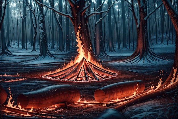 Ein Feuer im Wald mit dem Wort Feuer darauf