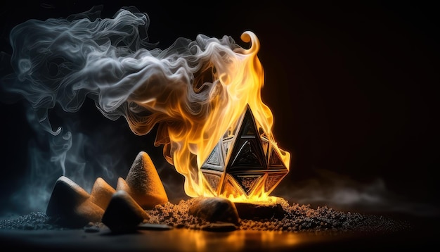 Ein Feuer mit einer Pyramide darauf, auf der „die Pyramide“ steht