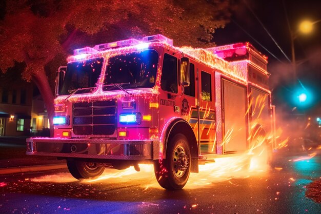 Ein Feuerwehrauto mit eingeschalteten Lichtern und dem Wort Feuer darauf