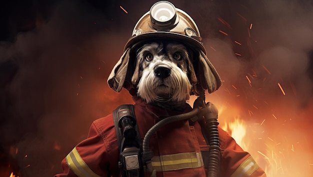 Ein Feuerwehrhund in voller Ausrüstung vor dem Hintergrund von Feuer und Funken