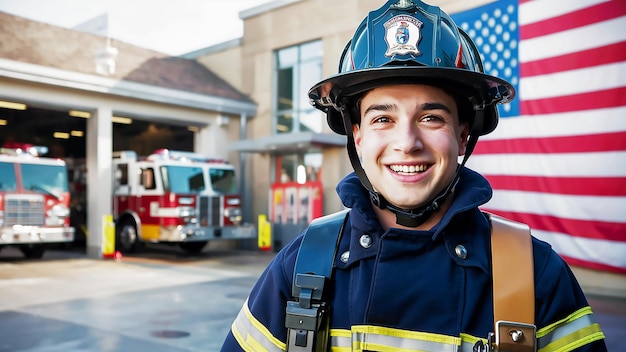 ein Feuerwehrmann, der einen Firmenhelm trägt und lächelt