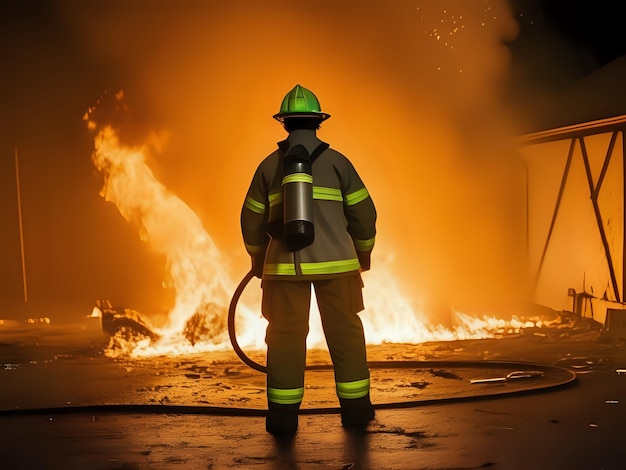 Ein Feuerwehrmann, der sich um die Kontrolle des explosiven Feuers bemüht, trägt Feuerwehrgeräte und einen Helm