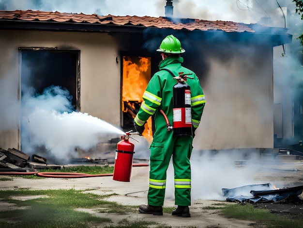 Ein Feuerwehrmann, der sich um die Kontrolle des explosiven Feuers bemüht, trägt Feuerwehrgeräte und einen Helm