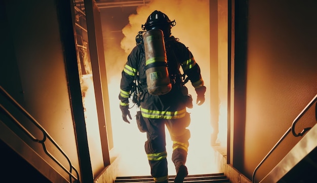 Ein Feuerwehrmann geht mit einem Feuerlöscher im Hintergrund eine Treppe hinunter.