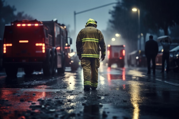 Ein Feuerwehrmann geht selbstbewusst im Regen eine Straße entlang. Dieses Bild kann verwendet werden, um Tapferkeit, Hingabe und das tägliche Leben eines Feuerwehrmanns darzustellen