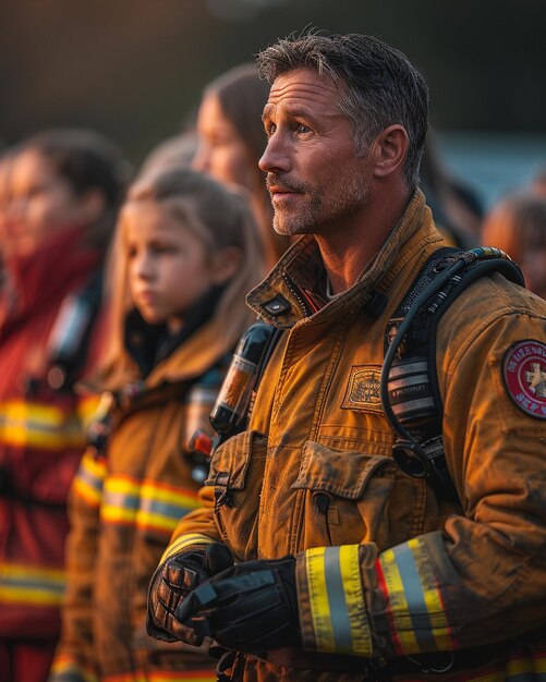 Foto ein feuerwehrmann hält eine präsentation über brandsicherheit