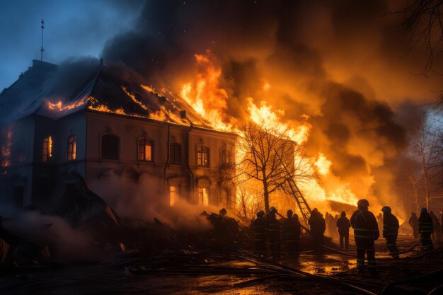 Ein Feuerwehrmann. Helden in Schutzkleidung bekämpfen gefährliche Flammen im Freien