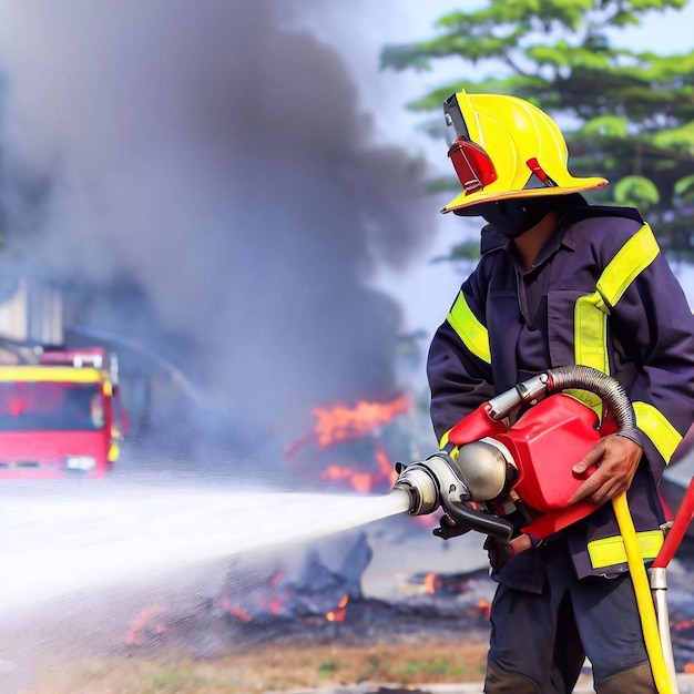 Ein Feuerwehrmann in blauer Jacke und gelber Feuerwehruniform steht vor einem Feuerwehrauto.