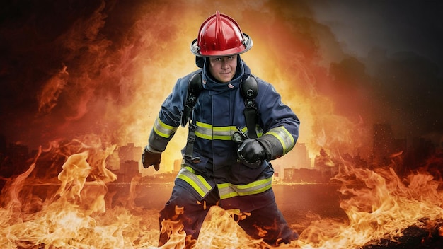 ein Feuerwehrmann in einem Feueranzug mit einem Feuerwehrmanns im Hintergrund