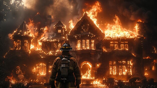 Ein Feuerwehrmann in voller Ausrüstung steht vor einem wütenden Hausfeuer vorbereitet