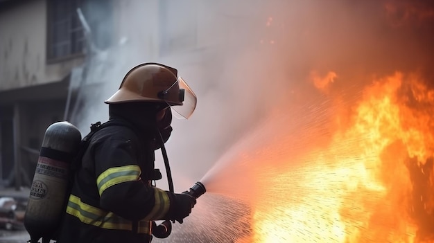 Ein Feuerwehrmann löscht ein Feuer auf der Straße, Nahaufnahme, von der KI generiert