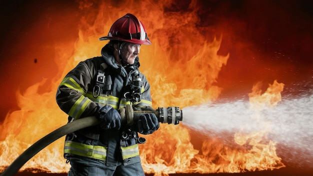ein Feuerwehrmann mit einem Feuerlöschschlauch in der Hand