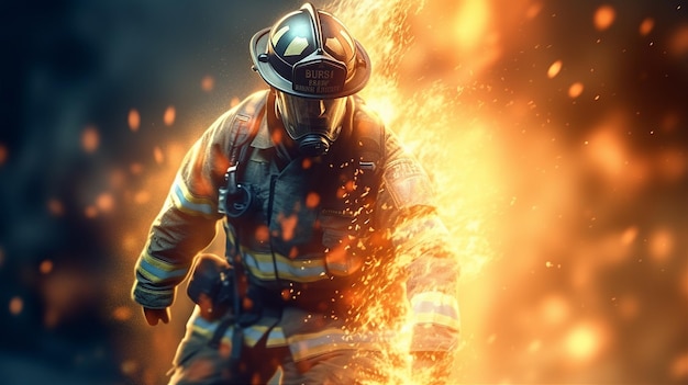 Ein Feuerwehrmann mit Helm und Gasmaske steht vor einem Feuer.