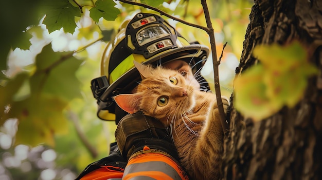 Foto ein feuerwehrmann mit schutzhelm und -ausrüstung rettet eine katze von einem baum