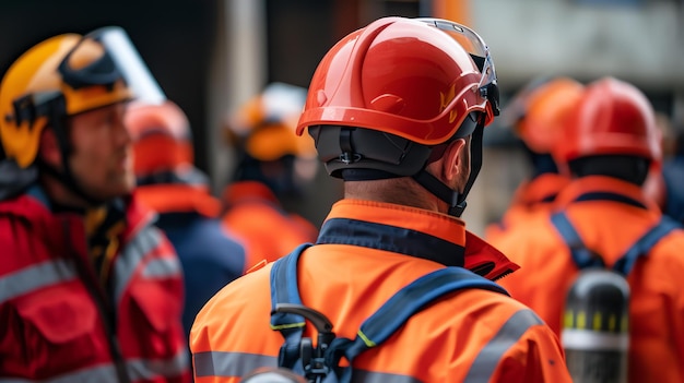 Foto ein feuerwehrmann mit schutzhelm und schutzausrüstung steht vor einem feuer