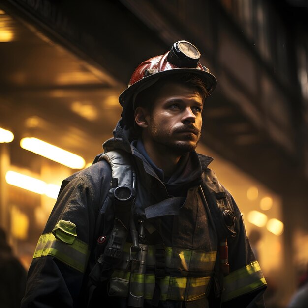 Ein Feuerwehrmann steht in seinem Kostüm auf dem Boden