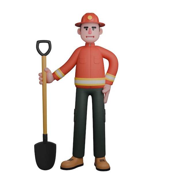 Ein Feuerwehrmann steht und hält eine Schaufel in der rechten Hand.