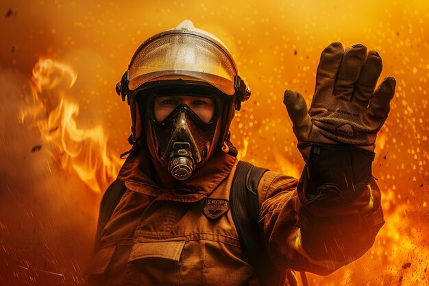 Ein Feuerwehrmann steht vor einem Feuer mit einem roten Helm und einer roten Jacke