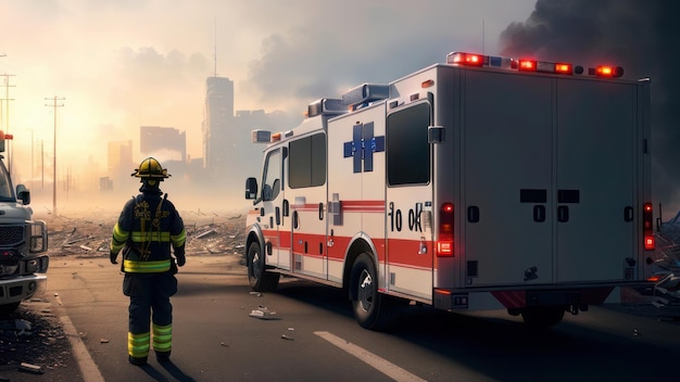 Ein Feuerwehrmann steht vor einem Krankenwagen mit der Aufschrift „Notfall“ auf der Seite.