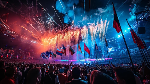 Ein Feuerwerk beleuchtet den Nachthimmel über einer jubelnden Menge bei einer Feier auf einem olympischen Stadion