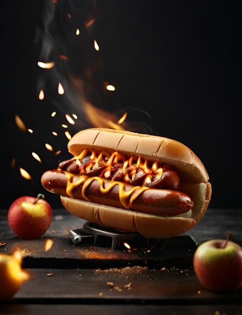 ein feuriger, gegrillter Hotdog, der mit einer Flamme in die Luft geworfen wird