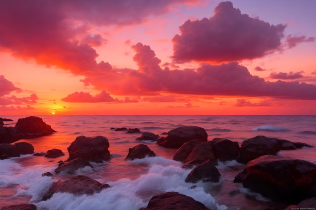 Ein feuriger orange und rosa Himmel mit der untergehenden Sonne über dem Horizont eines riesigen Ozeans, der von Ai erzeugt wurde