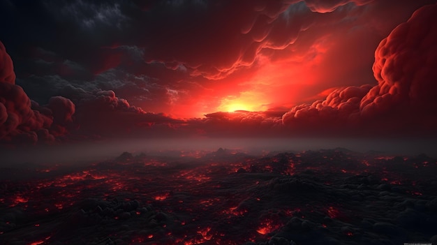 Ein feuriger Sonnenuntergang mit einem Vulkan im Hintergrund