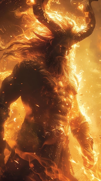 Ein feuriges Wesen brüllt zum Leben, seine Hörner brennen mit elementarer Wut gegen eine turbulente Inferno-Hintergrund.