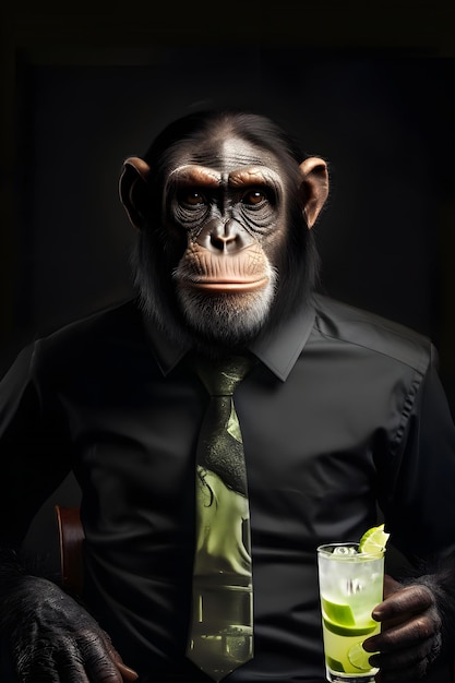 Ein fiktiver leitender Schimpanse, der Mojito in einem schwarzen Hemd trinkt, erstellt durch generative KI-Software