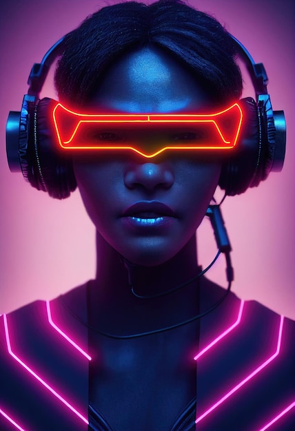 Ein fiktives Porträt eines Scifi-Cyberpunk-Mädchens vor dem Hintergrund von Neonlichtern Hightech-Frau