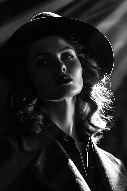 Ein Film noir-Stil Bild einer weiblichen Detektivin in einem 1940er-Jahre-Setting