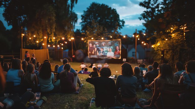 Ein Filmabend im Freien in einem Hinterhof Menschen sitzen auf dem Gras und sehen sich einen Film an, der auf einen Bildschirm projiziert wird