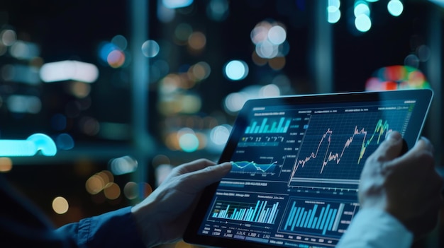 Ein Finanzanalytiker untersucht ein digitales Tablet mit verschiedenen Geschäftsdiagrammen und führt tiefgreifende Recherchen für Investitionsempfehlungen durch