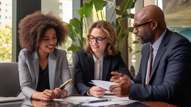 Ein Finanzberater trifft sich mit Kunden in einem Büro und bespricht die Finanzierung von Hypotheken und Investitionen