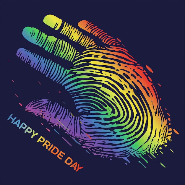 ein Fingerabdruckmuster, das in ein Regenbogenspektrum mit einer Happy Pride Day-Illustration verschmilzt