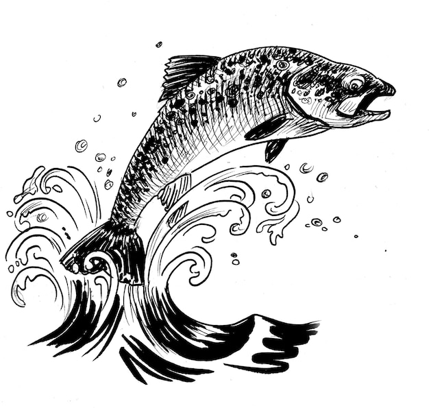 Ein Fisch, der im Fischzeichnungsstil aus einer Welle springt.