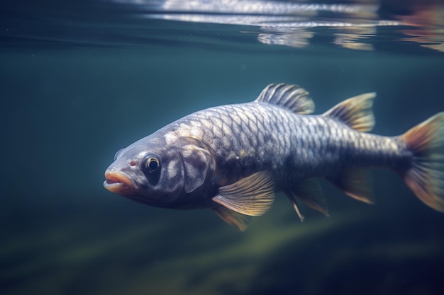 Ein Fisch im Wasser mit dem Wort Fisch auf dem Grund