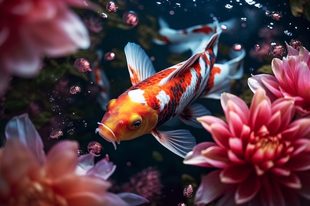 Ein Fisch in einem Teich mit Blumen und einem Goldfisch
