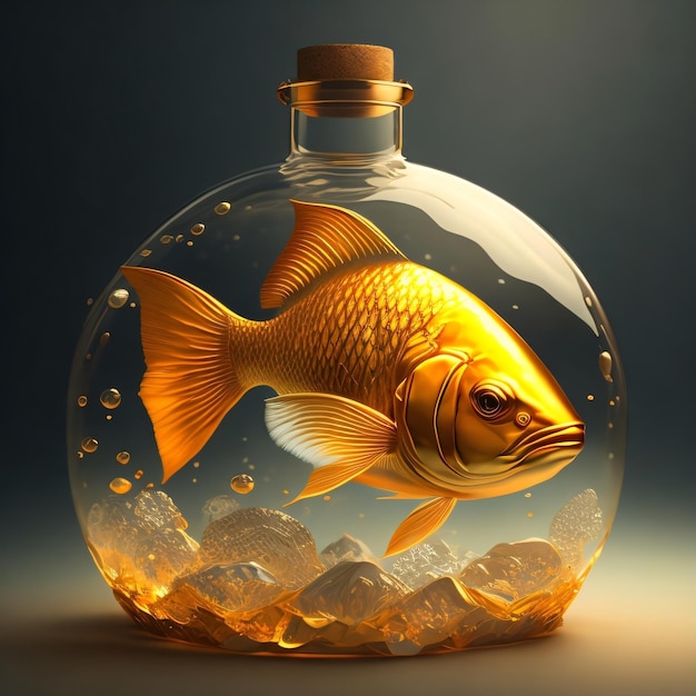 Ein Fisch in einer Flasche mit einer Flasche, auf der "Goldfisch" steht.