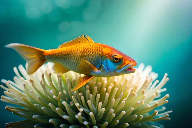 Foto ein fisch ist auf einer blume mit blau-weißem hintergrund