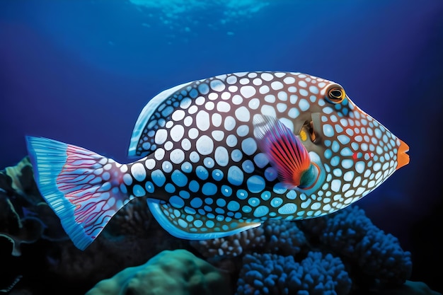 Ein Fisch mit blauen Flecken und einem roten Fleck am Körper schwimmt im Meer.