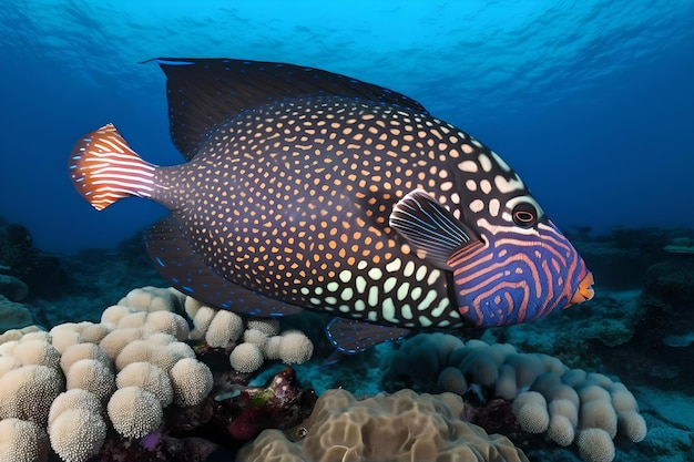 Ein Fisch mit einem blau-weißen Muster im Gesicht schwimmt auf einem Korallenriff.