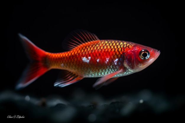 Ein Fisch mit einem gelben Auge und roten und weißen Markierungen spiegelt sich in einem dunklen Hintergrund wider.