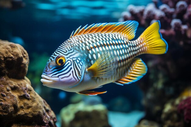 ein Fisch mit einem gelben und blauen gestreiften Schwanz sitzt in einem Aquarium