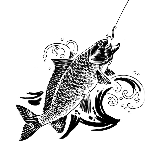 Ein Fisch mit einem Haken darin, auf dem „Karpfen“ steht.