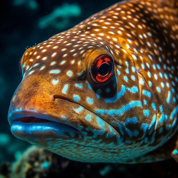 Ein Fisch mit einem schwarzen Fleck im Gesicht blickt in die Kamera