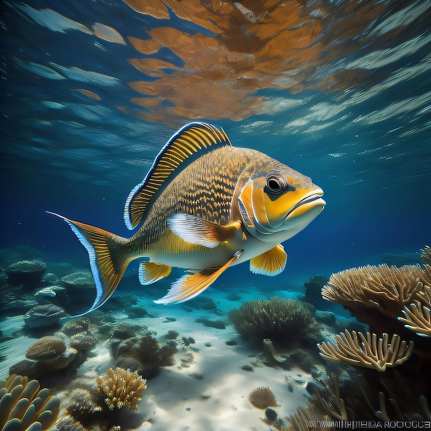 Ein Fisch mit gelbem Gesicht schwimmt im Meer