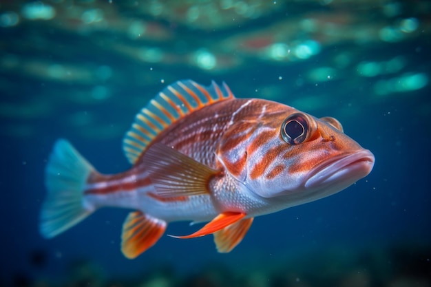 ein Fisch mit orangefarbenen Streifen schwimmt in blauem Wasser.